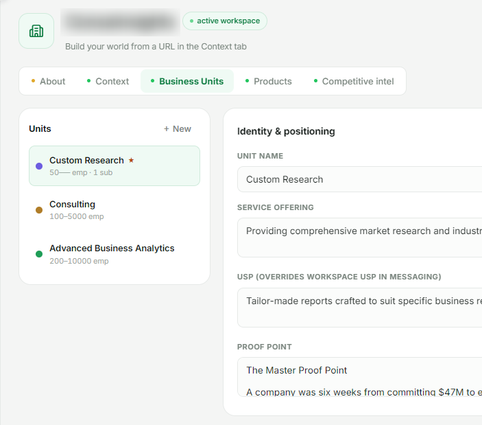 The DealIQ context layer: a workspace profile with business units for Custom Research, Consulting and Advanced Business Analytics, alongside its identity and positioning fields.